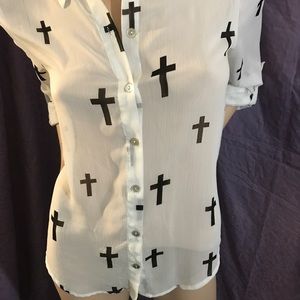 about a girl white sheer blouse gothic crosses L